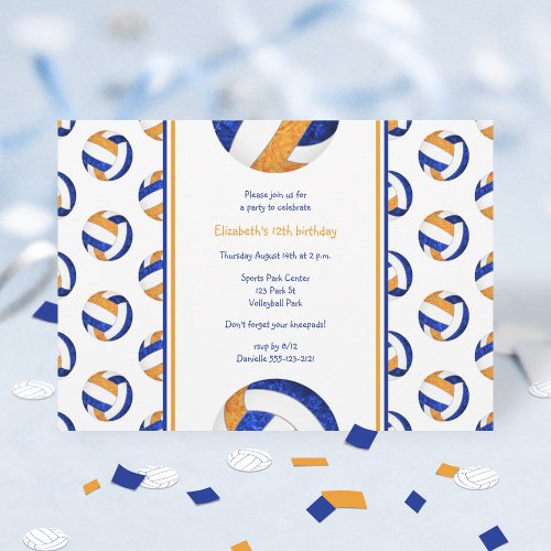 blue orange girls custom volleyball birthday party invitation