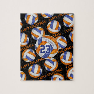 blue orange girls I love volleyball personalized Jigsaw Puzzle