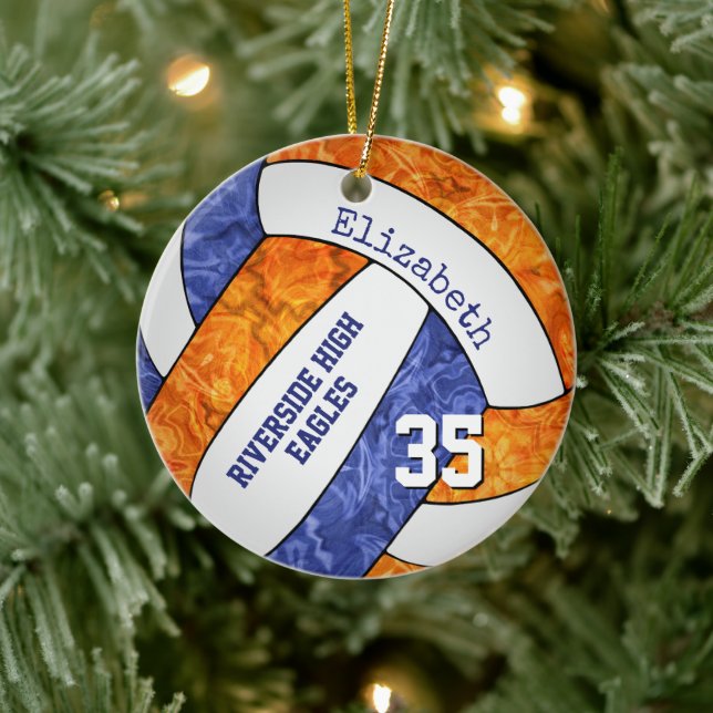 blue orange girls volleyball player team memento ceramic ornament (Tree)