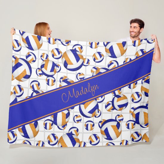blue orange girly volleyballs w net accent pattern fleece blanket