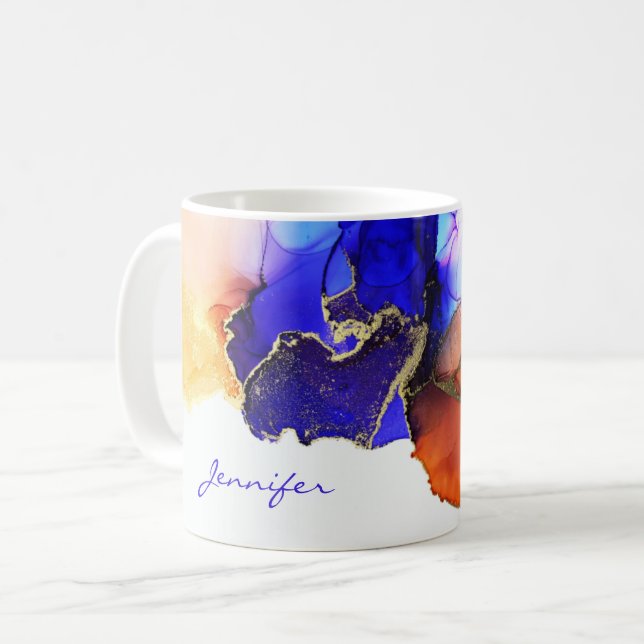 Blue Orange Gold Abstract Alcohol Ink Named Coffee Mug (Front Left)