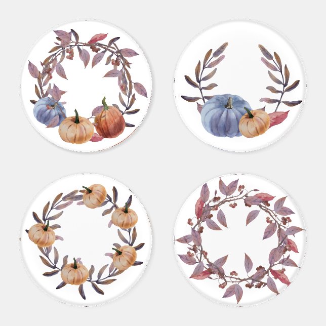 BLUE ORANGE GOLD FALL PUMPKIN WREATHS COASTER SET (Set)