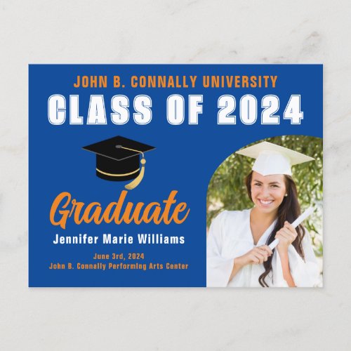 Blue Orange Graduate Bold 2024 Graduation Party Postcard