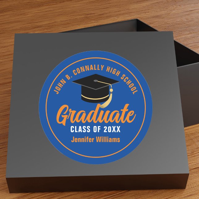 Blue Orange Graduate Custom 2025 Graduation Party Classic Round Sticker (Creator Uploaded)