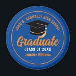 Blue Orange Graduate Custom 2025 Graduation Party Magnet<br><div class="desc">This modern blue and orange custom senior graduate magnet features classy white typography of your high school or college name for the class of 2025. Customize with your graduating year under the chic black handwritten script and black grad cap for a great personalized graduation keepsake.</div>