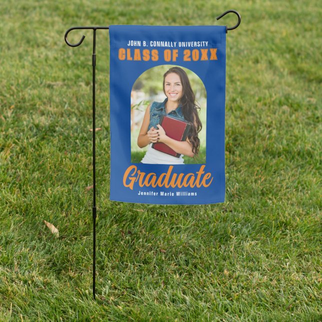 Blue Orange Graduate Photo Arch Graduation Party Garden Flag (In SItu)