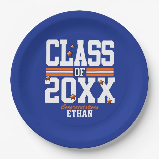 Blue|Orange Graduating Class Year Paper Plates (Front)