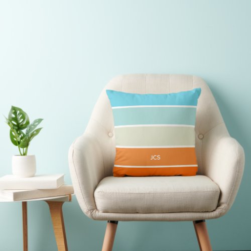 Blue Orange Green Color Block Stripes Monogram Throw Pillow