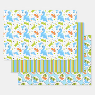 Blue, Orange, Green Coordinating Dinosaur Wrapping Paper Sheets