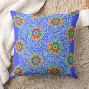 Blue Orange Green Flower Mandala Reversible Boho Throw Pillow