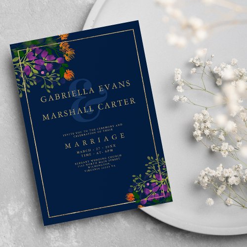 Blue orange green pink ampersand floral wedding   invitation