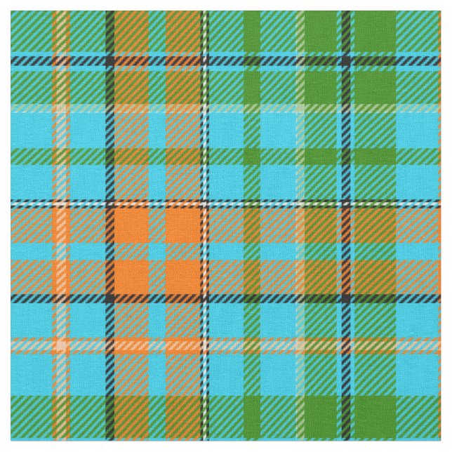 Blue Orange Green Plaid Tartan Design  Fabric (Close Up)