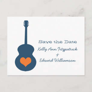 Blue/Orange Guitar Heart Save the Date Postcard