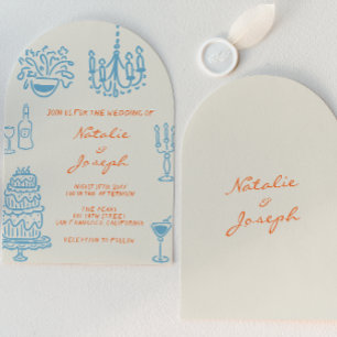 Blue Orange Hand Drawn Whimsical Arched Wedding Invitation
