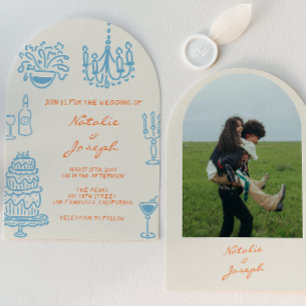 Blue Orange Hand Drawn Whimsical Arched Wedding Invitation