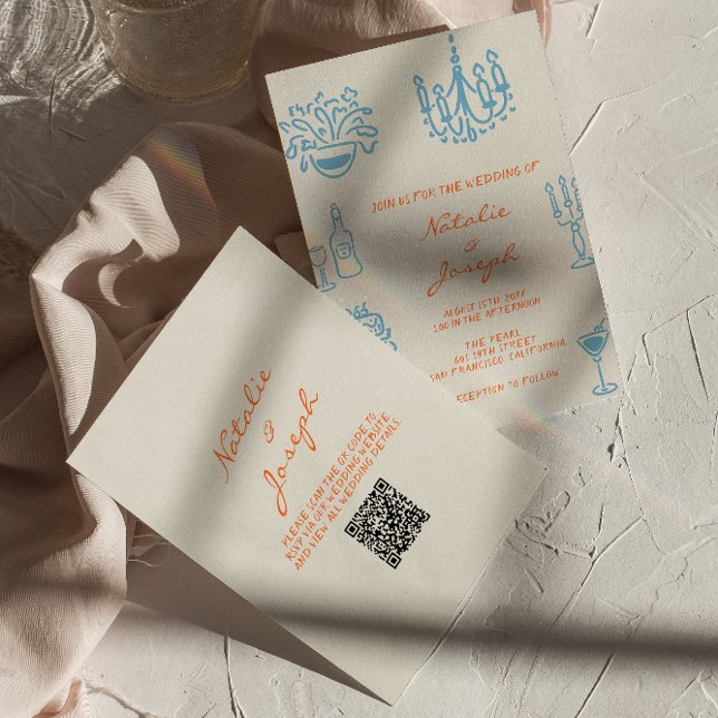 Blue Orange Hand Drawn Whimsical QR Code Wedding Invitation (Creator Uploaded)