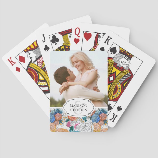Blue & Orange Hand Painted Flowers - Wedding Photo Poker Cards (Back)