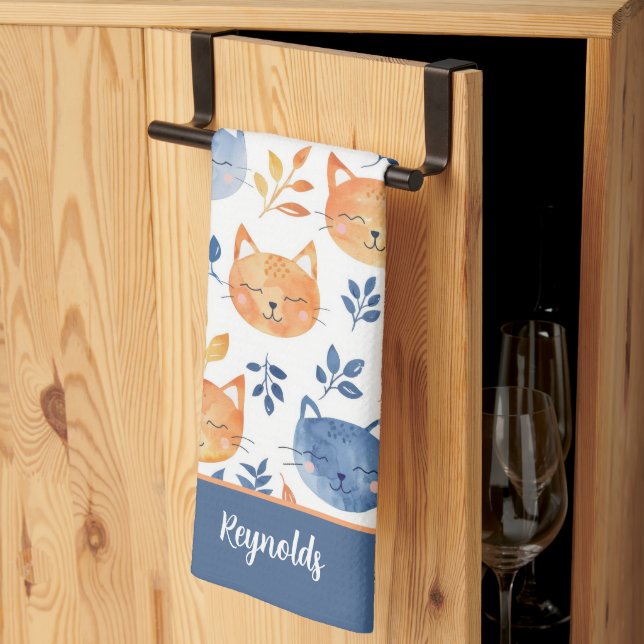 Blue Orange Happy Cat Faces Kitchen Towel (Thirds Fold)