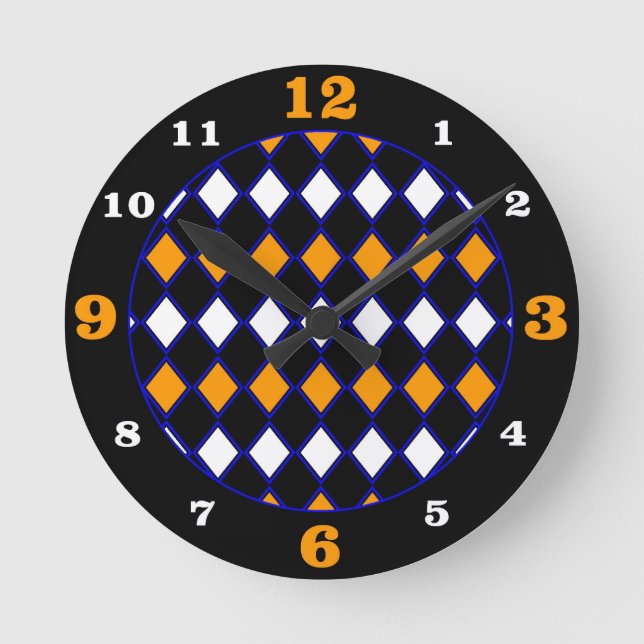 Blue & Orange Harlequin Pattern Round Clock (Front)