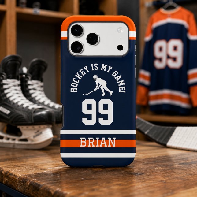 Blue Orange Hockey Number Design Case-Mate iPhone Case (Blue and orange hockey phone case with custom jersey number and player name)
