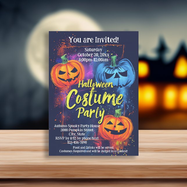 Blue Orange Jack-O-Lantern Halloween Costume Party Invitation (orange blue pumpkin halloween costume party invitations)