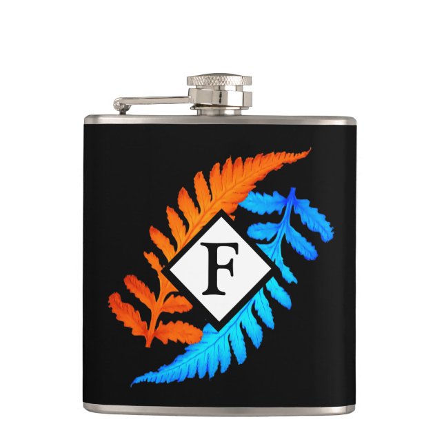 Blue Orange Japanese Painted Ferns Monogram Flask (Front)
