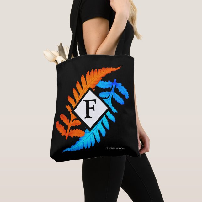 Blue Orange Japanese Painted Ferns Monogram Tote Bag (Close Up)