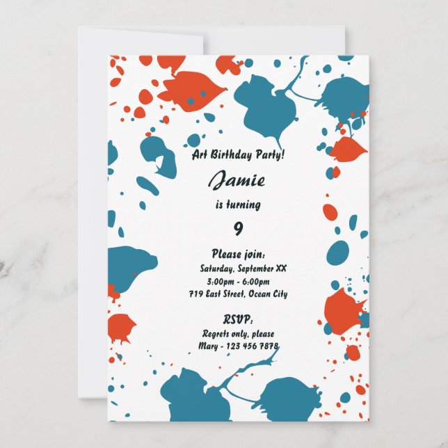 Blue Orange Kids Art 9th Birthday Party Invitation (Front)