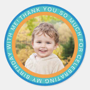 Blue Orange Kids Photo Birthday Thank You Classic Round Sticker