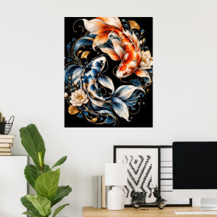 Blue & Orange Koi Fish Art Print Poster