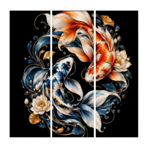 Blue & Orange Koi Fish Triptych Wall Art