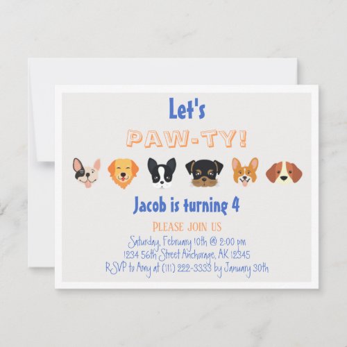 Blue Orange Lets Pawty Puppy Boy Birthday Party  Invitation