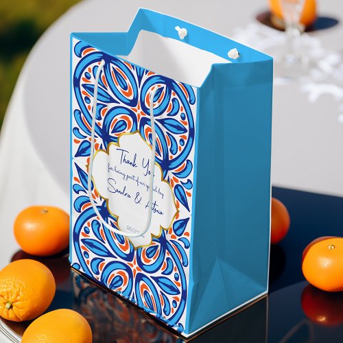 Blue orange Majolica tiles personalized favor Medium Gift Bag