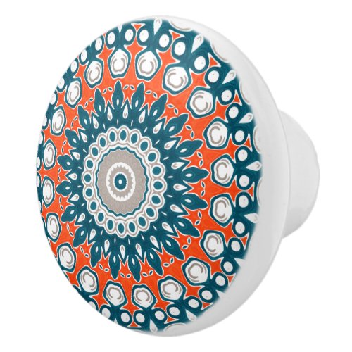 Blue  Orange Mandala Kaleidoscope Medallion Ceramic Knob