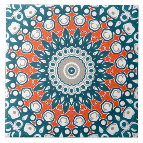 Blue  Orange Mandala Kaleidoscope Medallion Ceramic Tile