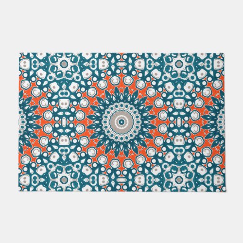 Blue  Orange Mandala Kaleidoscope Medallion Doormat