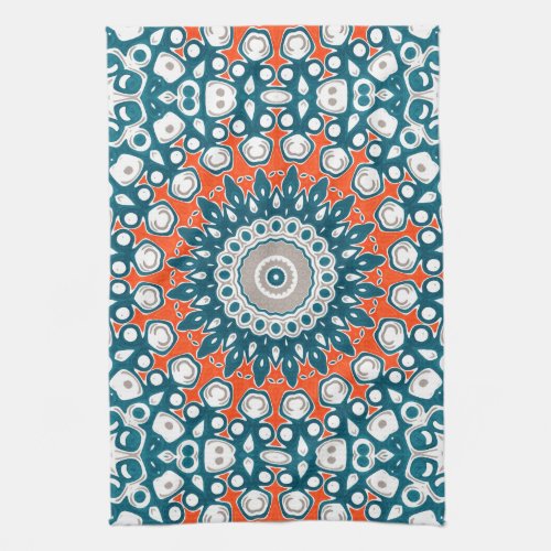 Blue  Orange Mandala Kaleidoscope Medallion Kitchen Towel