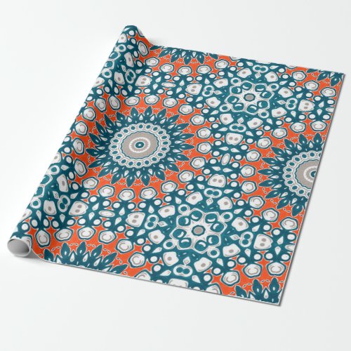 Blue  Orange Mandala Kaleidoscope Medallion Wrapping Paper