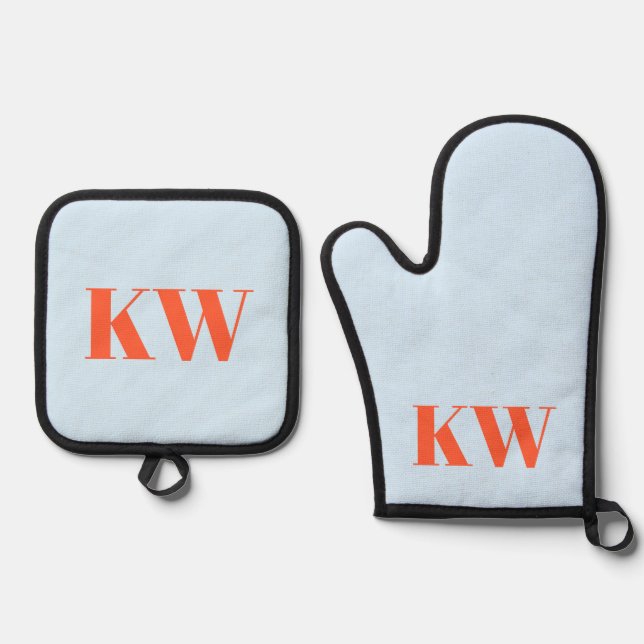 Blue Orange Monogram Initials Kitchen Gift  Oven Mitt & Pot Holder Set (Front)