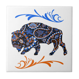 Blue Orange Mosaic Bison Art Ceramic Tile