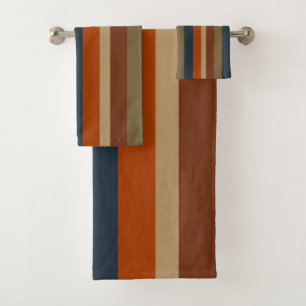 Blue, orange, olive, and sand stripes bath towel set