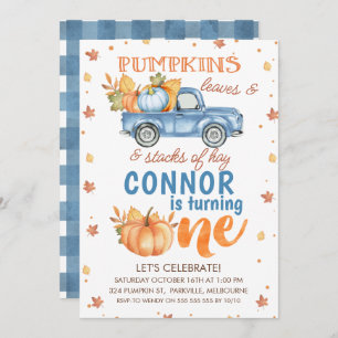 Blue Orange One Pumpkin Truck 1st Birthday Invitation