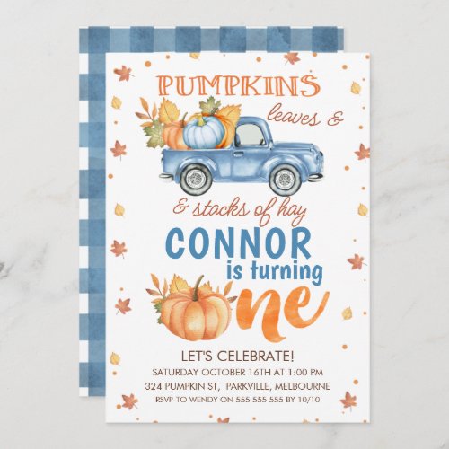 Blue Orange One Pumpkin Truck 1st Birthday Invitation