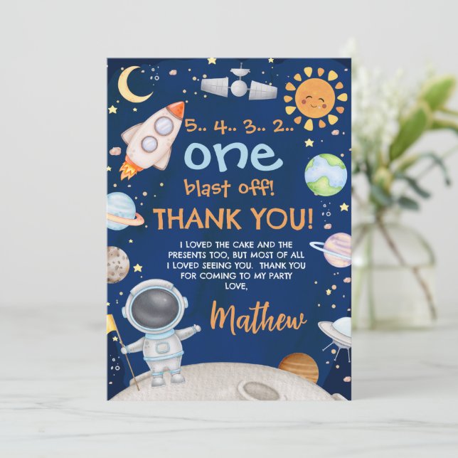 Blue Orange Outer Space Birthday Thank You Card (Standing Front)