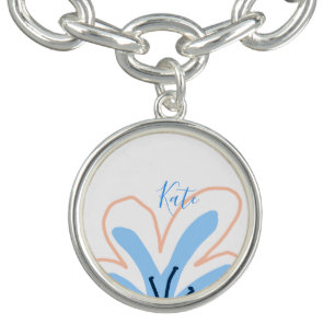 Blue orange pastel flower add name boho retro gift bracelet