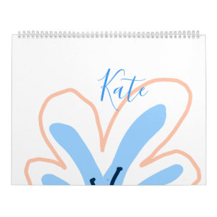 Blue orange pastel flower add name boho retro gift calendar