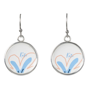 Blue orange pastel flower add name boho retro gift earrings
