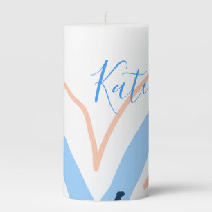 Blue orange pastel flower add name boho retro gift pillar candle