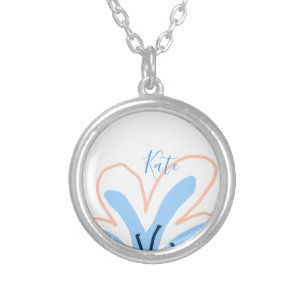 Blue orange pastel flower add name boho retro gift silver plated necklace