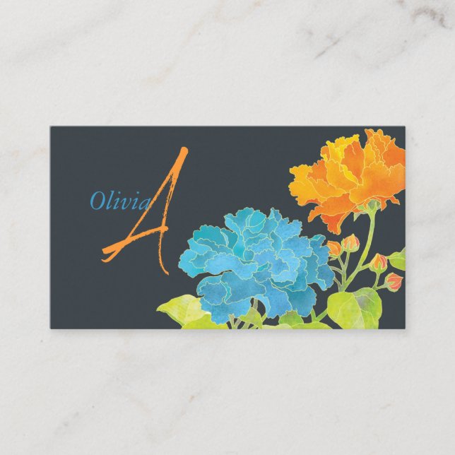 Blue Orange Peony Monogram Business Card (Front)